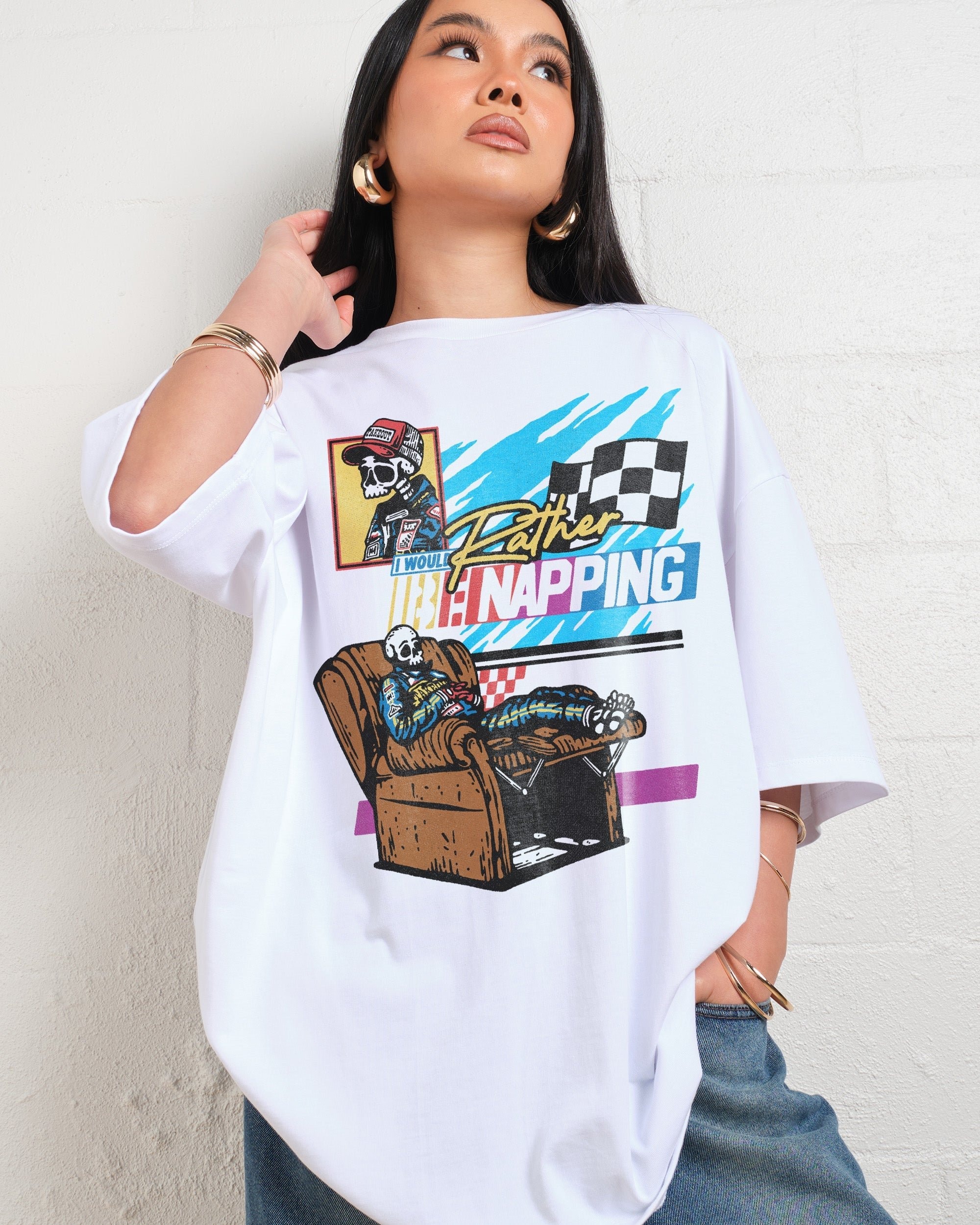 I Would Rather Be Napping Oversized Graphic Tee - Unisex 90s Boxy Fit 100% Combed Cotton