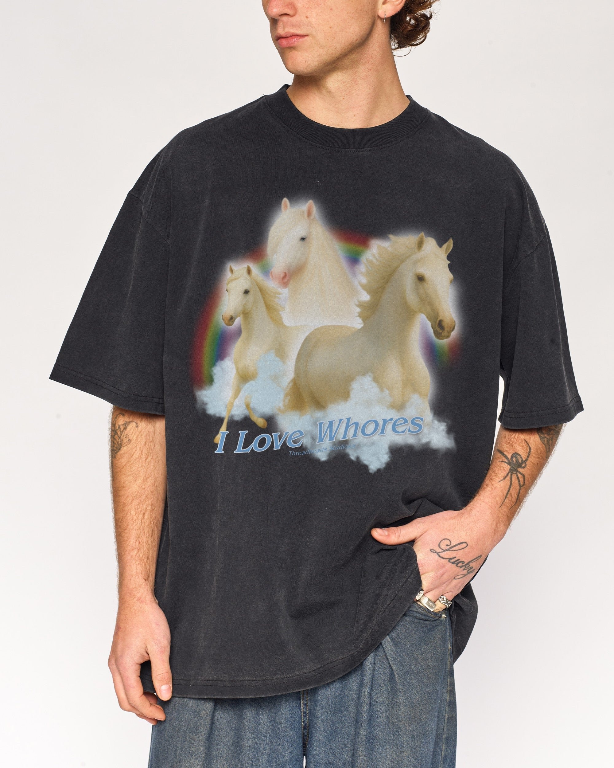 I Love Whores Oversized Graphic Tee - Unisex 90s Boxy Fit 100% Combed Cotton 275gsm