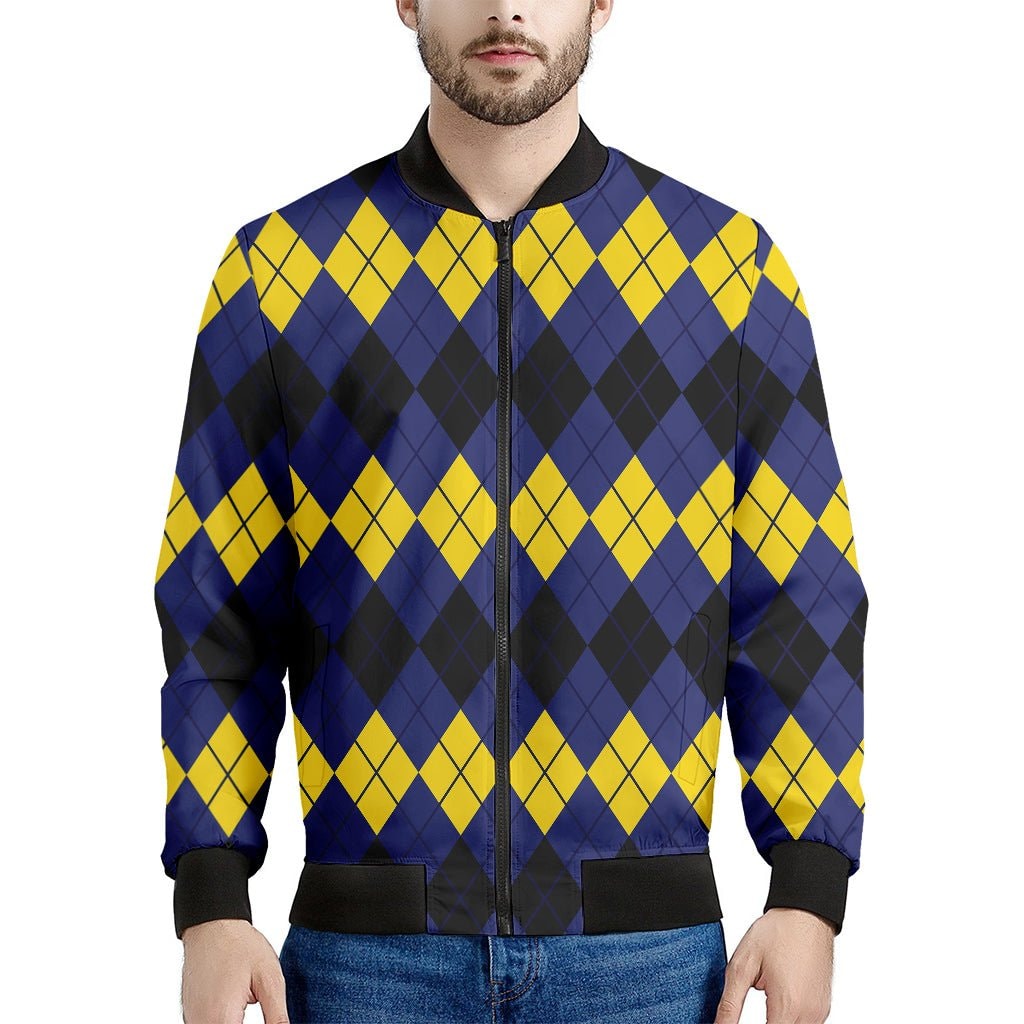 Black Yellow Blue Argyle Print Men's Bomber Jacket - Polyester Blend